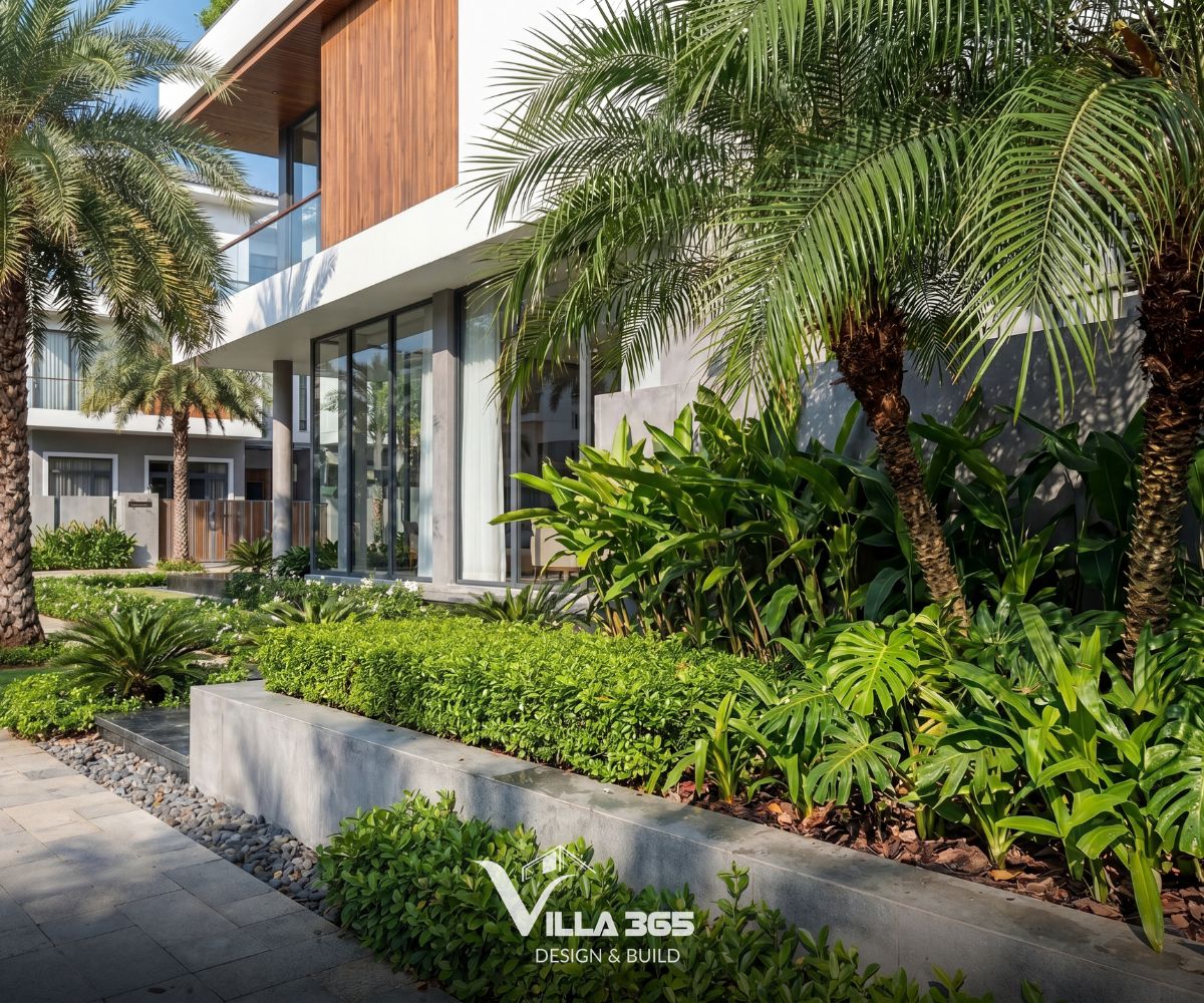 Chill Villa – “Ốc đảo xanh” giữa chốn thị thành 11 Khu vực sân vườn trước mặt tiền tầng trệt của biệt thự được thiết kế theo phong cách cảnh quan nhiệt đới hiện đại