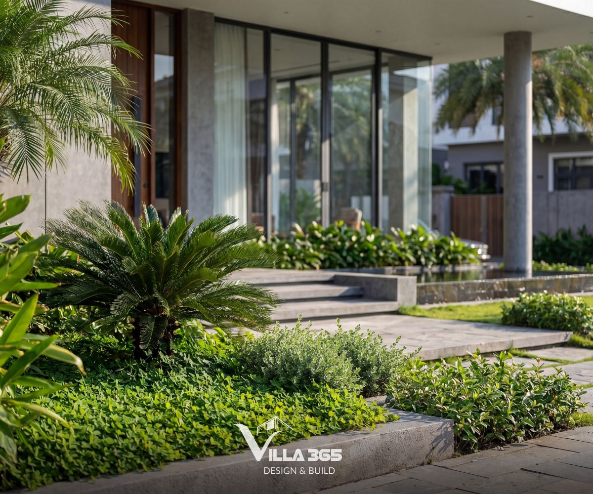 Chill Villa – “Ốc đảo xanh” giữa chốn thị thành 12 Trục đường dạo quanh nhà sử dụng các khối đá vuông xám đồng điệu với kiến trúc tổng thể