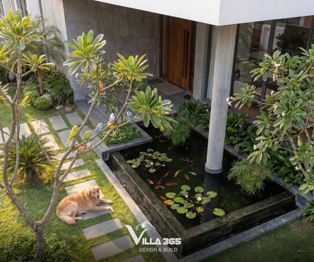 Chill Villa – “Ốc đảo xanh” giữa chốn thị thành 13 Hồ nước trước nhà trồng khóm hoa súng lá tròn xòe rộng trên mặt nước cùng các bụi thủy trúc xanh