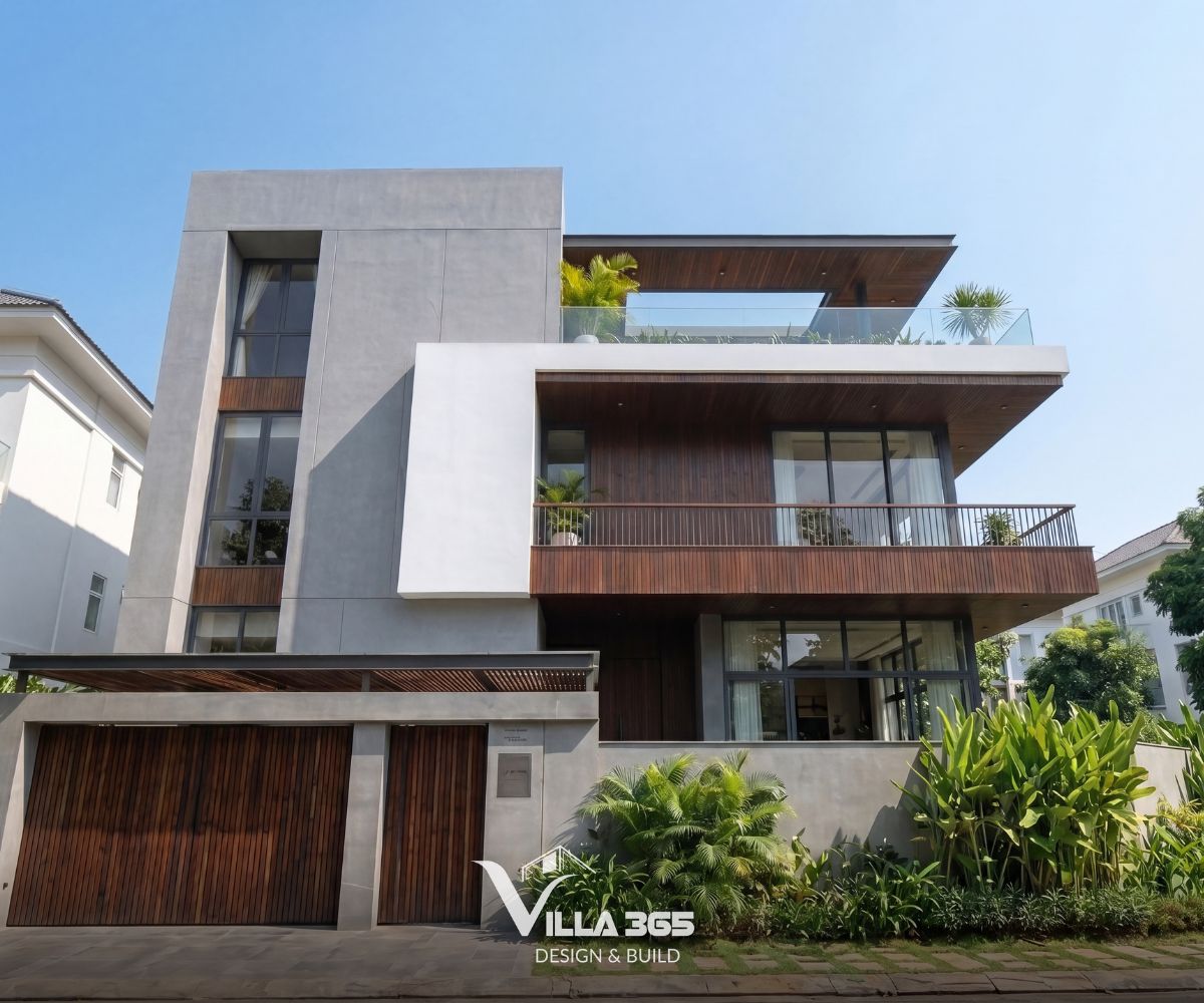 Eco Vista Home - Biệt thự phố “nấp” vào khoảng xanh thiên nhiên 5 Cổng rào mới được thiết kế phẳng, giản lược chi tiết, đồng bộ với chất liệu gỗ nhựa ngoài trời ở ban công và trần sân thượng