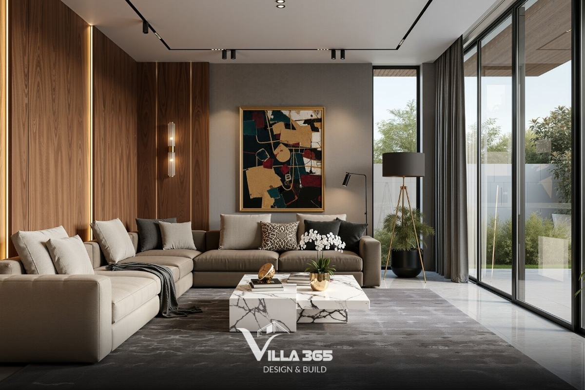 Mẫu Thiết Kế Nội Thất Phòng Khách Biệt Thự Đẹp, Đẳng Cấp & Xu Hướng 2026 6 Sofa biệt thự kiểu dáng tối giản kết hợp bàn trà thấp, kệ tivi treo tường và hệ tủ âm giúp tối ưu diện tích và lối di chuyển