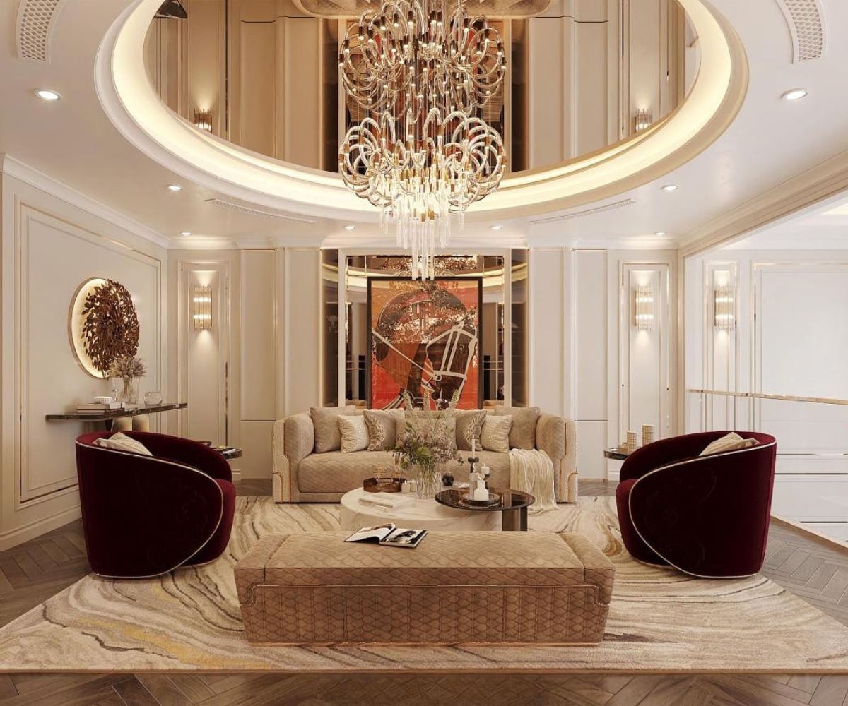 Mẫu Thiết Kế Nội Thất Phòng Khách Biệt Thự Đẹp, Đẳng Cấp & Xu Hướng 2026 11 Sofa bọc da hoặc nỉ cao cấp kết hợp bàn trà đá, ghế đơn và bàn console tạo thành một tổng thể tiếp khách hài hòa, quý phái (Ảnh: Sưu tầm)
