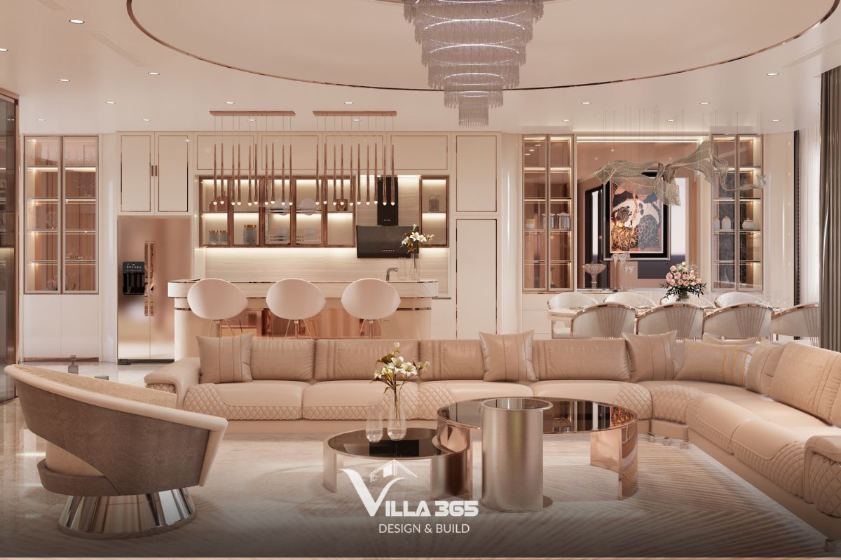 Mẫu Thiết Kế Nội Thất Phòng Khách Biệt Thự Đẹp, Đẳng Cấp & Xu Hướng 2026 19 Phòng khách biệt thự Luxury thể hiện vẻ đẹp độc bản thông qua nội thất đặt riêng, vật liệu cao cấp và kỹ thuật thi công nội thất biệt thự tinh xảo