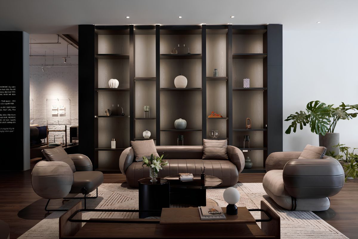 Mẫu Thiết Kế Nội Thất Phòng Khách Biệt Thự Đẹp, Đẳng Cấp & Xu Hướng 2026 26 Sofa vải, bàn trà gỗ và kệ tivi kiểu dáng gọn nhẹ tạo nên không gian phòng khách Scandinavian tiện nghi nhưng không cầu kỳ (Ảnh: Sưu tầm)