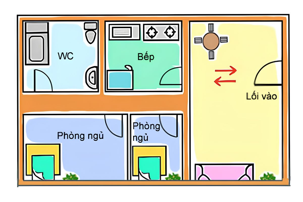 Cách Bố Trí Phong Thủy Phòng Bếp Rước Tài Lộc 2026 (Hướng Dẫn Từ Chuyên Gia) 4 Bếp đối diện cửa chính dễ làm mùi, nhiệt và hoạt động nấu nướng ảnh hưởng đến không gian tiếp khách (Ảnh: Sưu tầm)