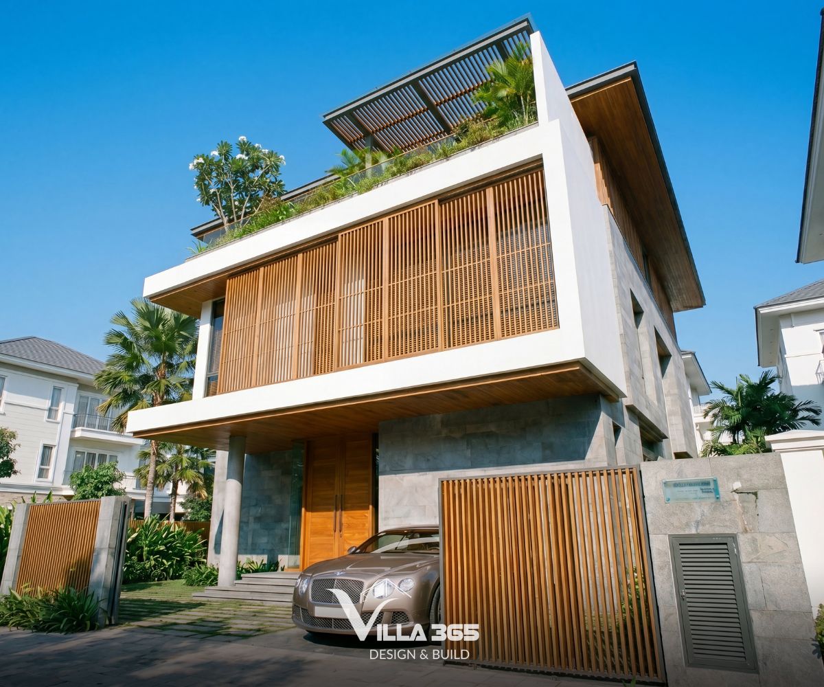 Phong Vy Villa – Đóng – mở hài hòa trong ngôn ngữ hình khối đương đại 5 Các khoảng lùi, ban công và bóng đổ từ khối tầng trên giúp hệ cửa kính lớn tránh tiếp xúc trực diện với nắng gắt