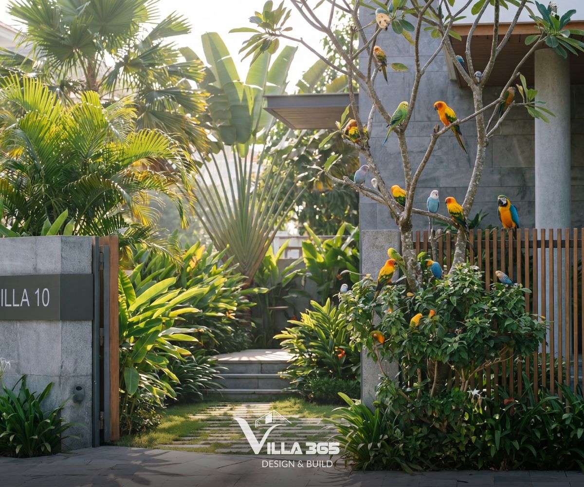 Phong Vy Villa – Đóng – mở hài hòa trong ngôn ngữ hình khối đương đại 12 Khu vực sân vườn được đặt trong sự tính toán của nắng gió, bóng đổ và tán cây để tạo cảm giác dễ chịu khi sử dụng