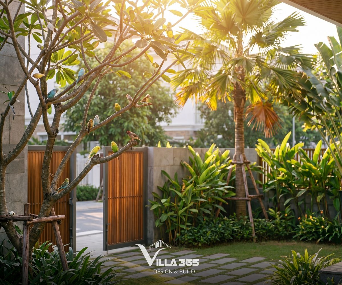 Phong Vy Villa – Đóng – mở hài hòa trong ngôn ngữ hình khối đương đại 13 Ánh nắng những buổi chiều tà len lỏi qua tán lá, đem lại sức sống cho khu vườn