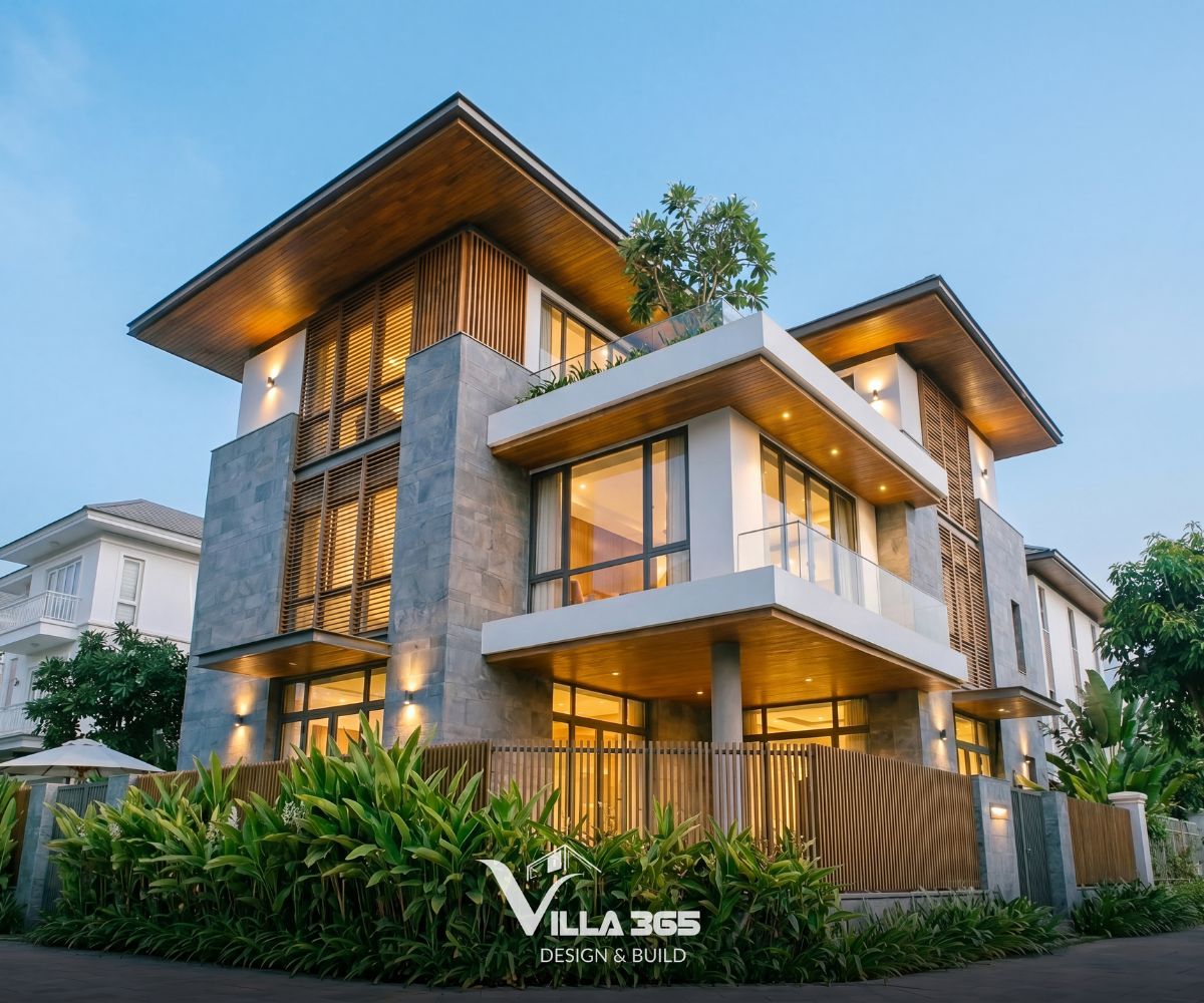 Phong Vy Villa – Đóng – mở hài hòa trong ngôn ngữ hình khối đương đại 14 Khi đêm xuống, hệ đèn tiểu cảnh và lối đi giúp không gian ngoài trời trở nên gần gũi, tĩnh tại