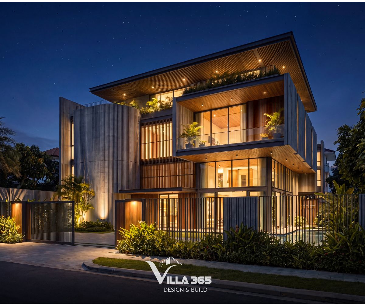 Bảng vật liệu thô mộc được kiểm soát chặt chẽ về màu sắc và tỷ lệ, góp phần làm nổi bật cấu trúc kiến trúc của công trình 