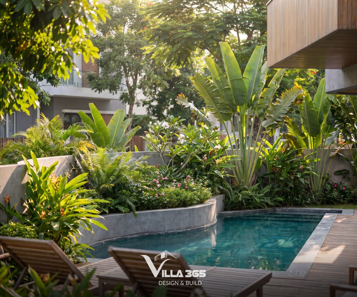 The Flow Villa – Giải pháp kiến trúc xanh cho biệt thự phố lô góc 3 Hồ bơi, sàn gỗ và khu vườn được tổ chức liên hoàn như một không gian thư giãn ngoài trời