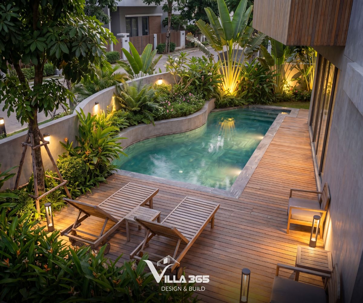 The Flow Villa – Giải pháp kiến trúc xanh cho biệt thự phố lô góc 4 Sân vườn được phủ xanh dày đặc bởi các loại cây nhiệt đới như chuối rẻ quạt, dương xỉ, và các bụi hoa cỏ đan xen chạy dọc theo tường rào uốn cong