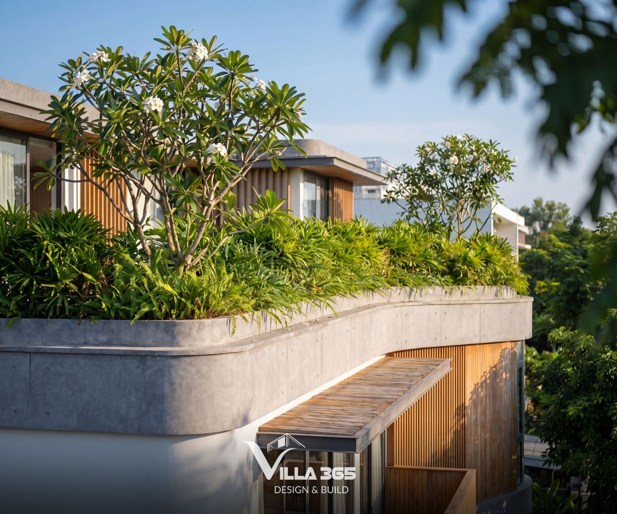 The Flow Villa – Giải pháp kiến trúc xanh cho biệt thự phố lô góc 9 Các bồn cây hỗ trợ giữ nước mưa, nuôi dưỡng thảm thực vật và giảm tải hệ thống thoát nước