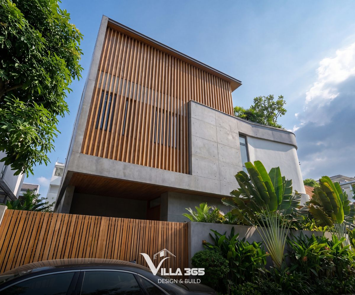 The Flow Villa – Giải pháp kiến trúc xanh cho biệt thự phố lô góc 14 Hệ kính phía trong mở rộng tầm nhìn, trong khi lớp lam gỗ phía ngoài điều tiết ánh sáng