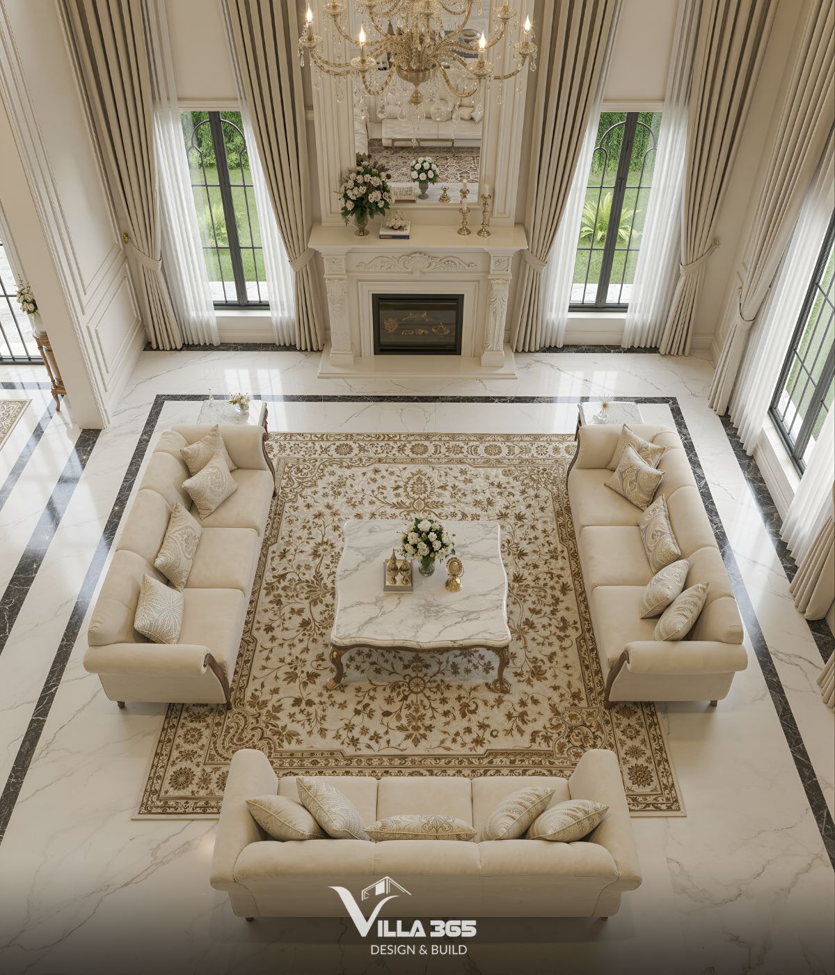 Thiết Kế Nội Thất Biệt Thự Gamuda: Xu Hướng & Báo Giá 2026 21 Vách tivi đá marble, veneer gỗ và hệ tủ trang trí giúp phòng khách biệt thự tăng chiều sâu và khả năng lưu trữ