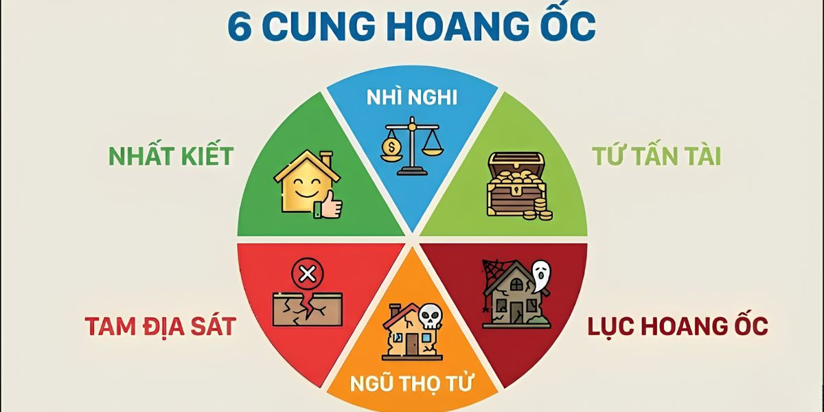 Tuổi Giáp Tý 1984 làm nhà năm 2026 có được hay không? 5 Sáu cung Hoang Ốc gồm Nhất Cát, Nhì Nghi, Tam Địa Sát, Tứ Tấn Tài, Ngũ Thọ Tử và Lục Hoang Ốc (Ảnh: Sưu tầm)