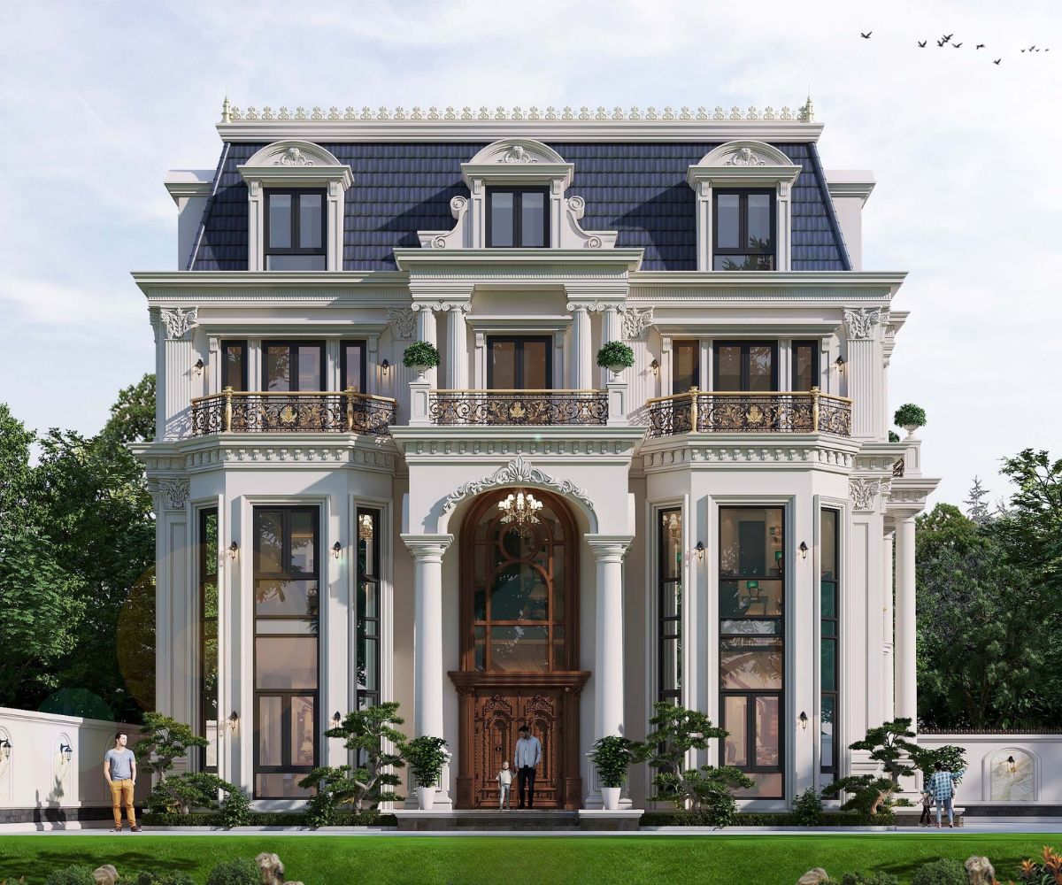 Mẫu Biệt Thự 3 Tầng Kiểu Pháp Đỉnh Cao & Báo Giá Thực Tế 2026 6 Hệ mái Mansard cao kết hợp cửa mái giúp hình khối biệt thự Pháp 3 tầng đẹp trở nên cân đối và giàu chiều sâu (Ảnh: Sưu tầm)