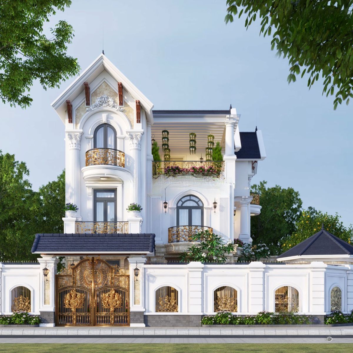 Mẫu Biệt Thự 3 Tầng Kiểu Pháp Đỉnh Cao & Báo Giá Thực Tế 2026 9 Mái Thái dốc cao giúp nhà biệt thự 3 tầng phong cách Pháp thanh thoát, cao ráo và giảm cảm giác nặng nề (Ảnh: Sưu tầm)