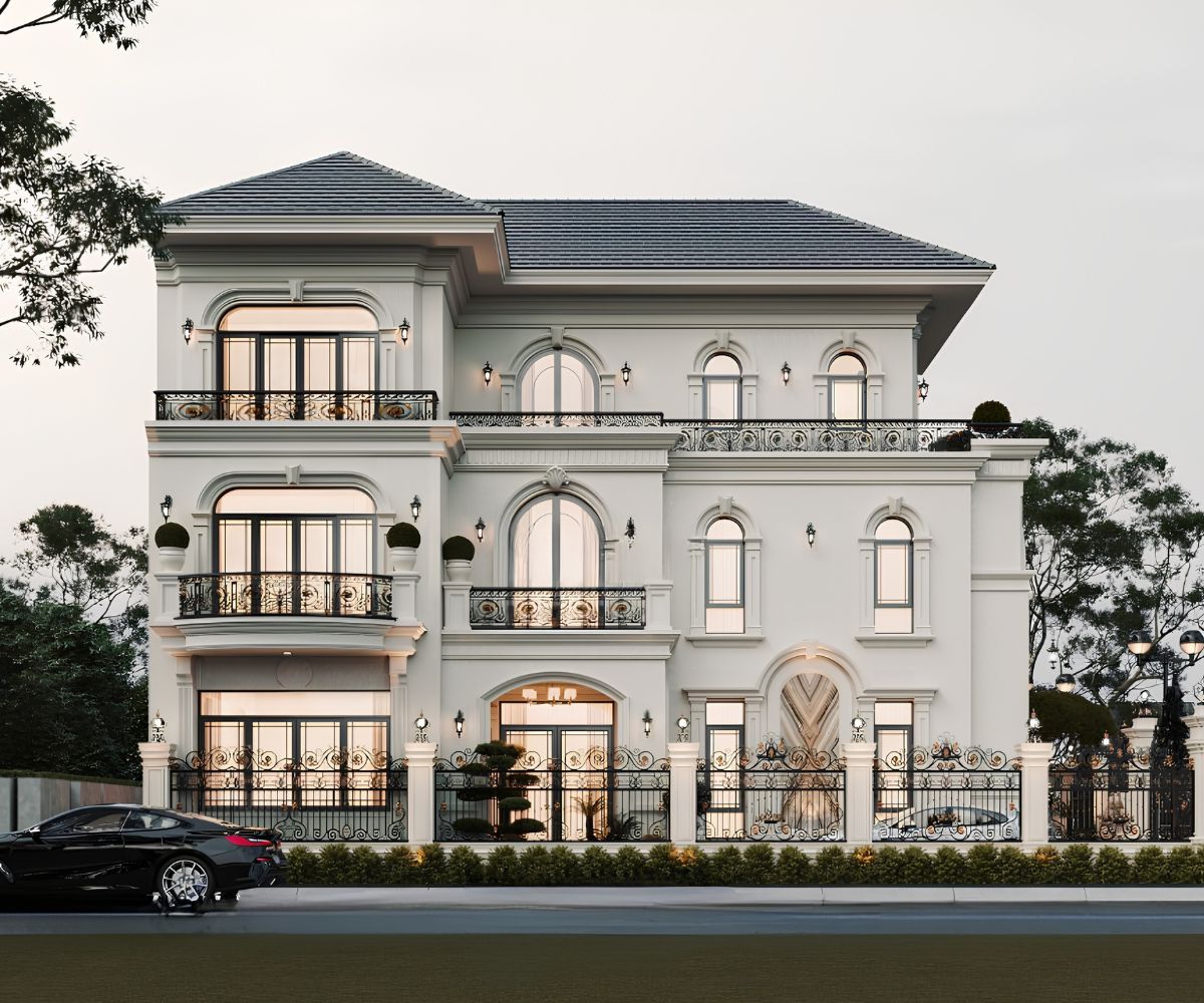Mẫu Biệt Thự 3 Tầng Kiểu Pháp Đỉnh Cao & Báo Giá Thực Tế 2026 11 Biệt thự 3 tầng kiểu Pháp mái Nhật mang vẻ đẹp nhẹ nhàng, cân bằng giữa kiến trúc châu Âu và cảnh quan Á Đông (Ảnh: Sưu tầm)