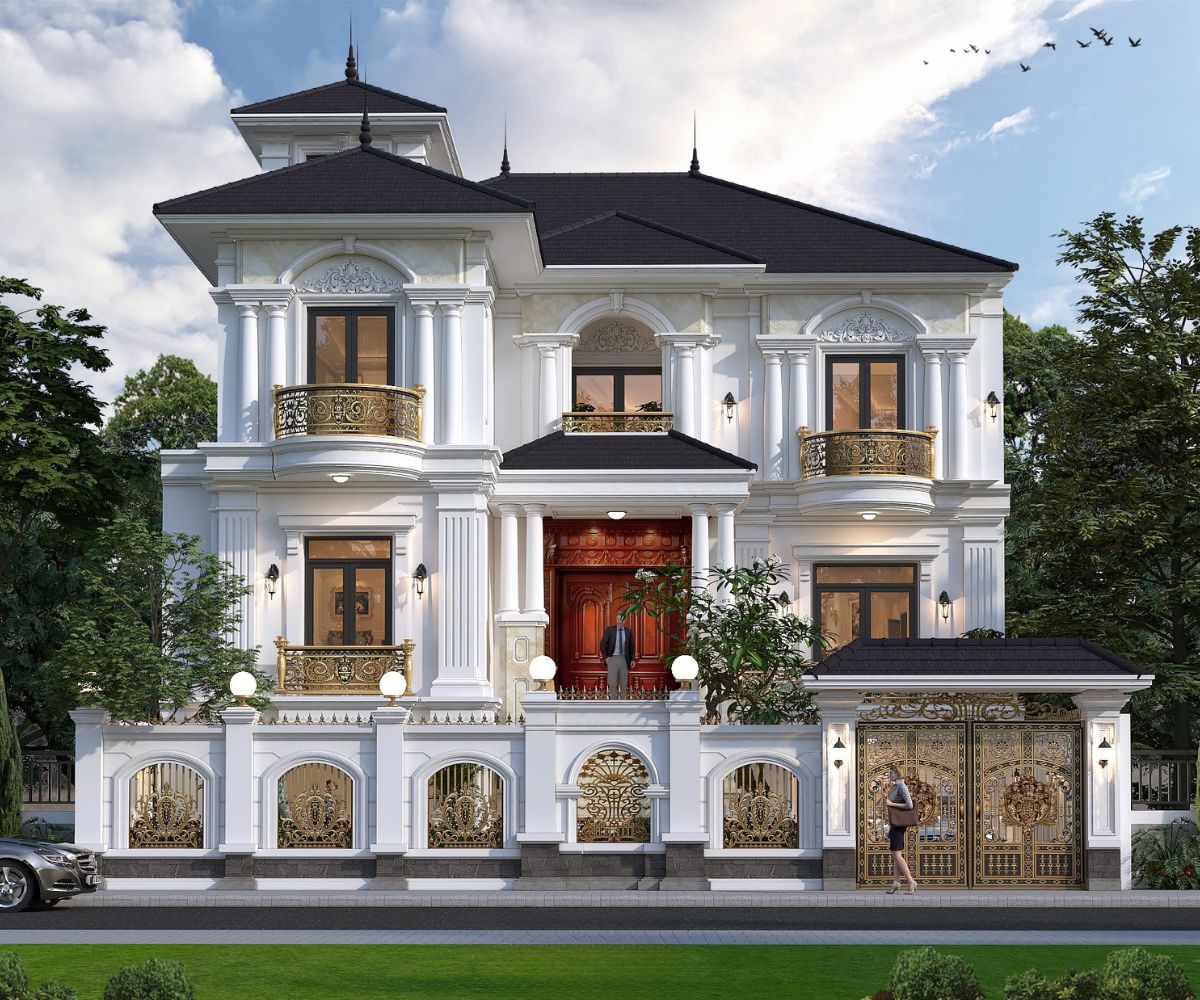 Mẫu Biệt Thự 3 Tầng Kiểu Pháp Đỉnh Cao & Báo Giá Thực Tế 2026 12 Hệ mái Nhật mở rộng theo phương ngang giúp hình khối biệt thự 3 tầng kiến trúc Pháp trở nên thanh thoát hơn (Ảnh: Sưu tầm)