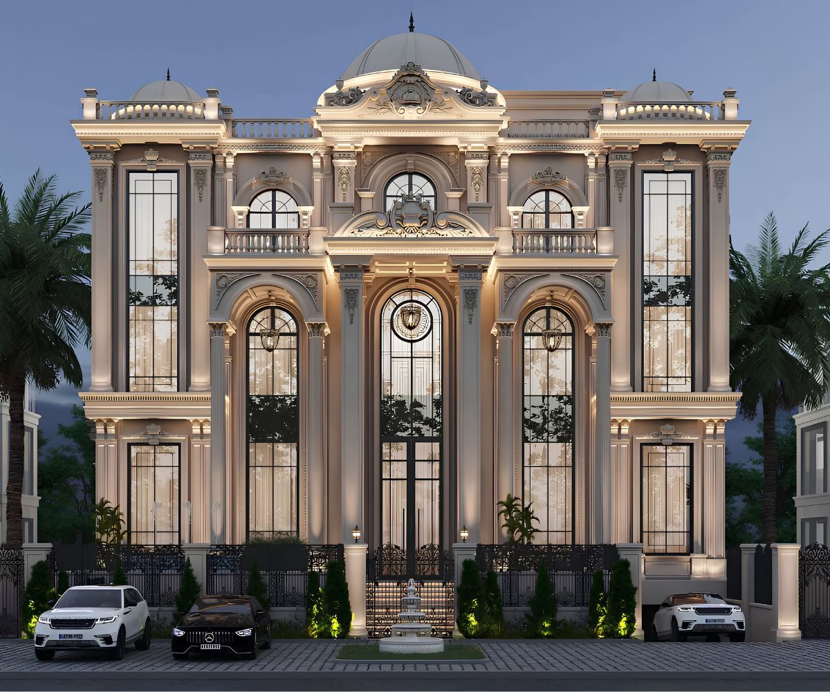 Mẫu Biệt Thự 3 Tầng Kiểu Pháp Đỉnh Cao & Báo Giá Thực Tế 2026 15 Mặt tiền sáng màu kết hợp cột và ban công sắt mỹ thuật tạo vẻ sang trọng cho thiết kế biệt thự cao cấp (Ảnh: Sưu tầm)