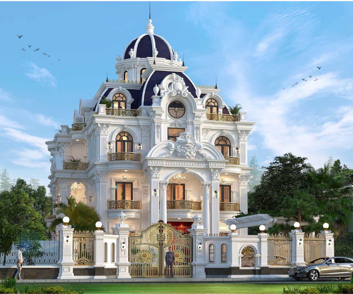 Mẫu Biệt Thự 3 Tầng Kiểu Pháp Đỉnh Cao & Báo Giá Thực Tế 2026 18 Mái chóp đặt tại sảnh chính nhấn mạnh trục đối xứng và vẻ bề thế của biệt thự lâu đài (Ảnh: Sưu tầm)