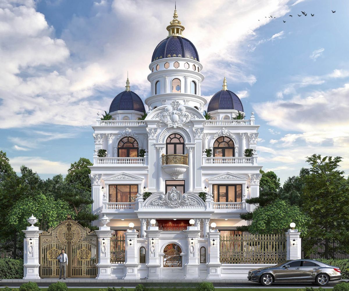 Mẫu Biệt Thự 3 Tầng Kiểu Pháp Đỉnh Cao & Báo Giá Thực Tế 2026 19 Thiết kế biệt thự 3 tầng kiểu Pháp mái chóp phù hợp với khu đất lớn, mặt tiền rộng từ khoảng 10m (Ảnh: Sưu tầm)