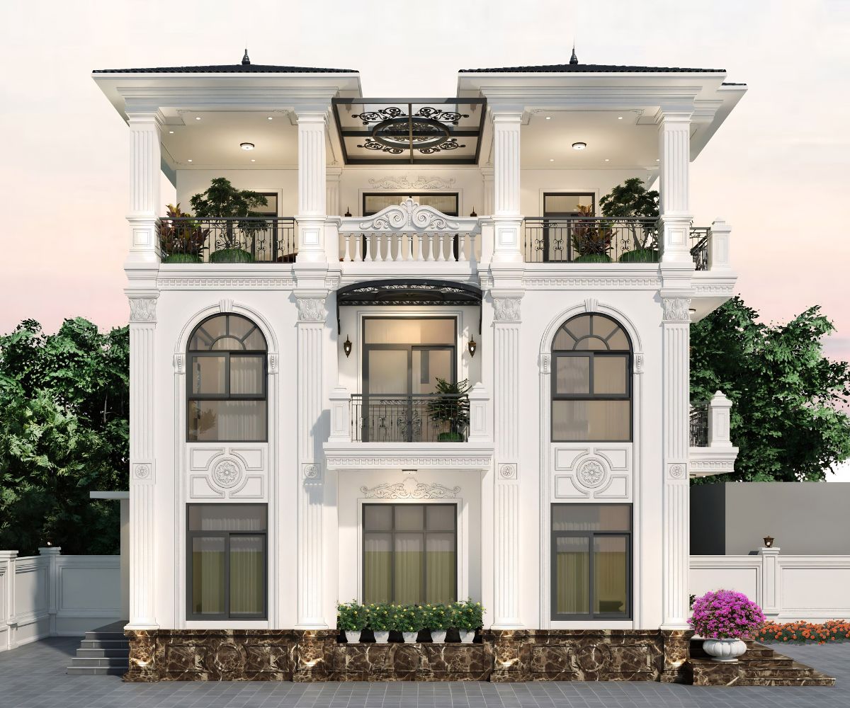 Mẫu Biệt Thự 3 Tầng Kiểu Pháp Đỉnh Cao & Báo Giá Thực Tế 2026 24 Mẫu biệt thự 3 tầng kiểu Pháp 4 phòng ngủ có hình khối gọn, sảnh chính rõ và hệ cửa cân đối (Ảnh: Sưu tầm)