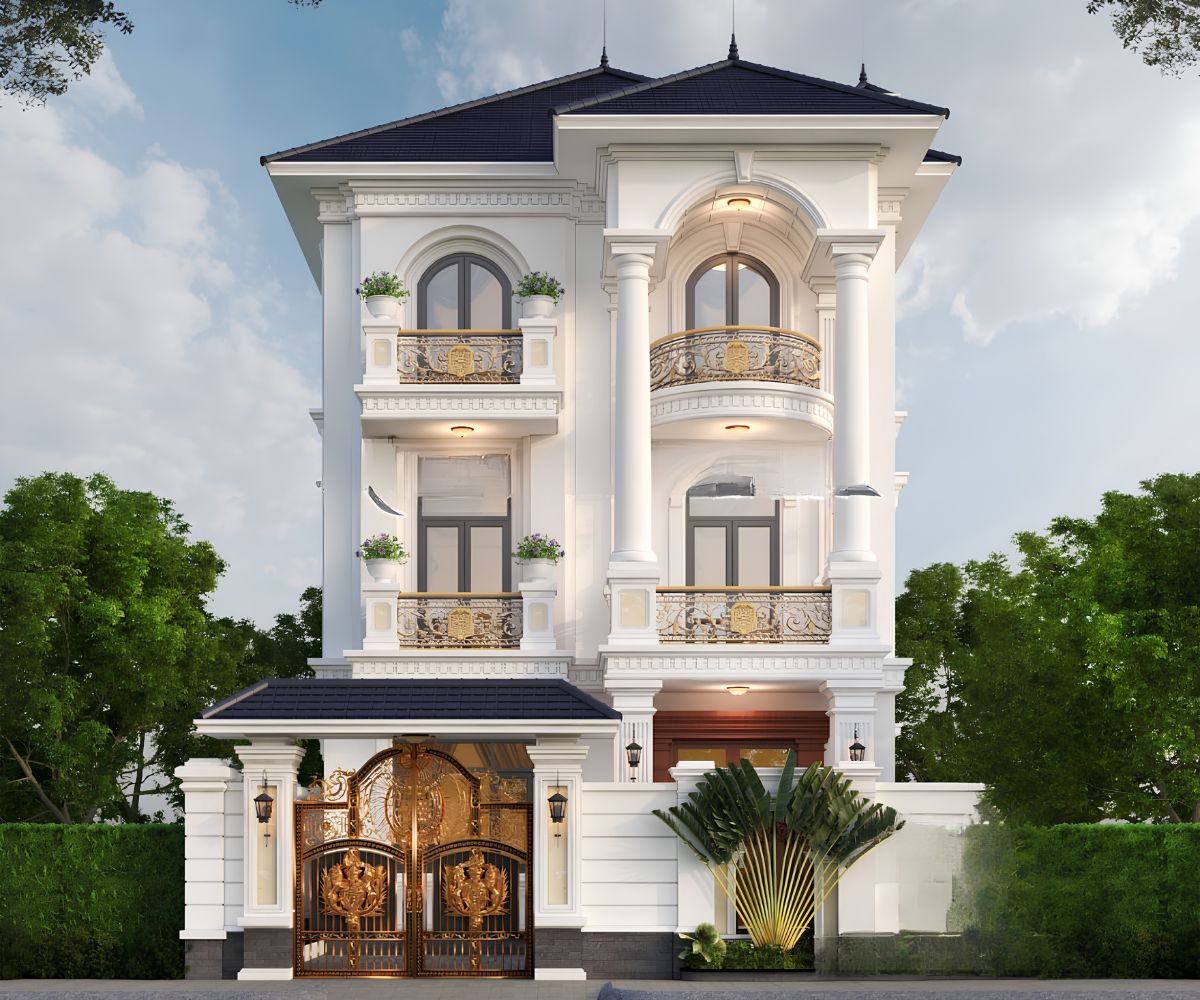 Mẫu Biệt Thự 3 Tầng Kiểu Pháp Đỉnh Cao & Báo Giá Thực Tế 2026 28 Thiết kế biệt thự 3 tầng kiểu Pháp 5 phòng ngủ phù hợp với khu đất có chiều ngang và khoảng lùi tốt (Ảnh: Sưu tầm)