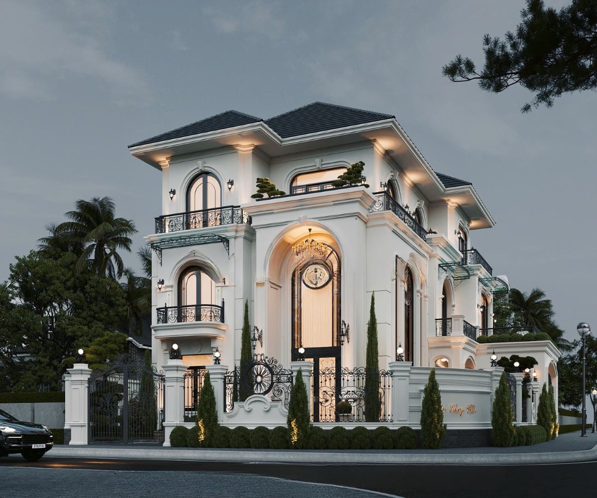 Mẫu Biệt Thự 3 Tầng Kiểu Pháp Đỉnh Cao & Báo Giá Thực Tế 2026 29 Biệt thự kiểu Pháp 3 tầng 6 phòng ngủ sở hữu quy mô lớn, hình khối bề thế và nhiều mặt thoáng (Ảnh: Sưu tầm)