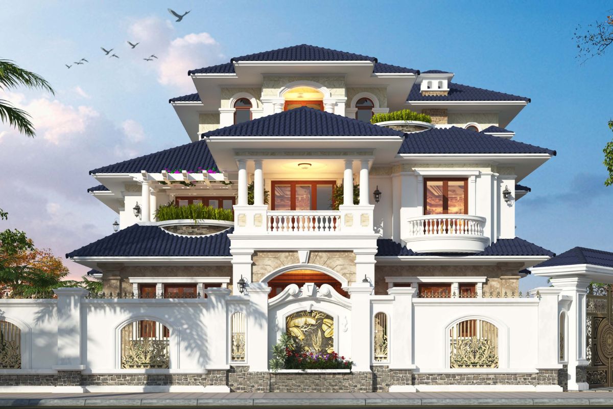 Mẫu Biệt Thự 3 Tầng Kiểu Pháp Đỉnh Cao & Báo Giá Thực Tế 2026 30 Hệ cột xuyên tầng tạo vẻ vững chắc, trang nghiêm cho mẫu biệt thự Pháp dành cho gia đình đa thế hệ (Ảnh: Sưu tầm)
