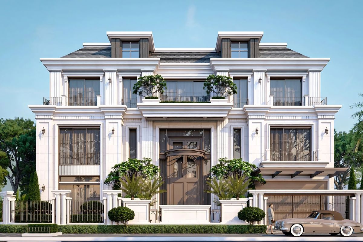 Mẫu Biệt Thự 3 Tầng Kiểu Pháp Đỉnh Cao & Báo Giá Thực Tế 2026 31 Khu đất từ khoảng 300m² giúp biệt thự 6 phòng ngủ có đủ khoảng thở và sân vườn bao quanh (Ảnh: Sưu tầm)