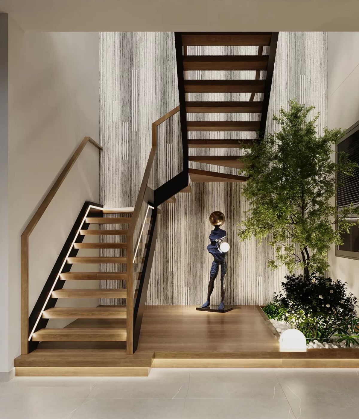 Kết cấu được tiết chế giúp cầu thang bay tạo cảm giác nhẹ và thoáng, rất phù hợp với mẫu cầu thang biệt thự hiện đại đẹp có không gian mở  (Ảnh: Sưu tầm)