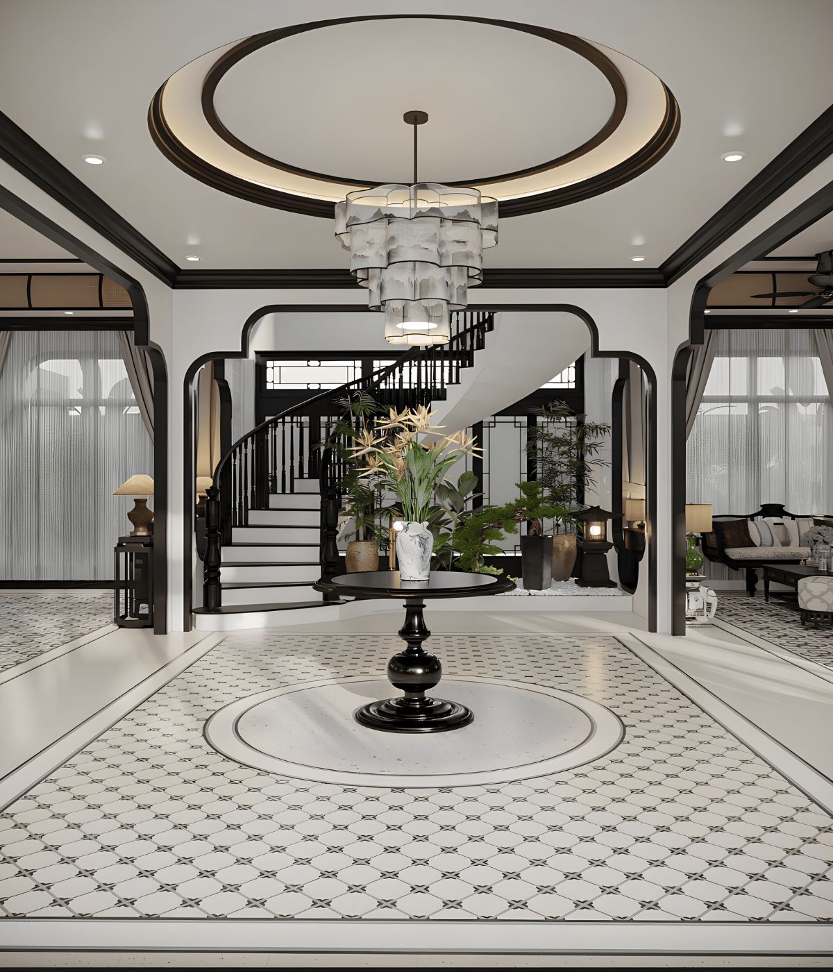 Cầu thang Indochine kết hợp gỗ tối màu, đá và sắt sơn đen để tạo nên sắc thái trầm ấm đặc trưng của không gian Đông Dương (Ảnh: Sưu tầm)