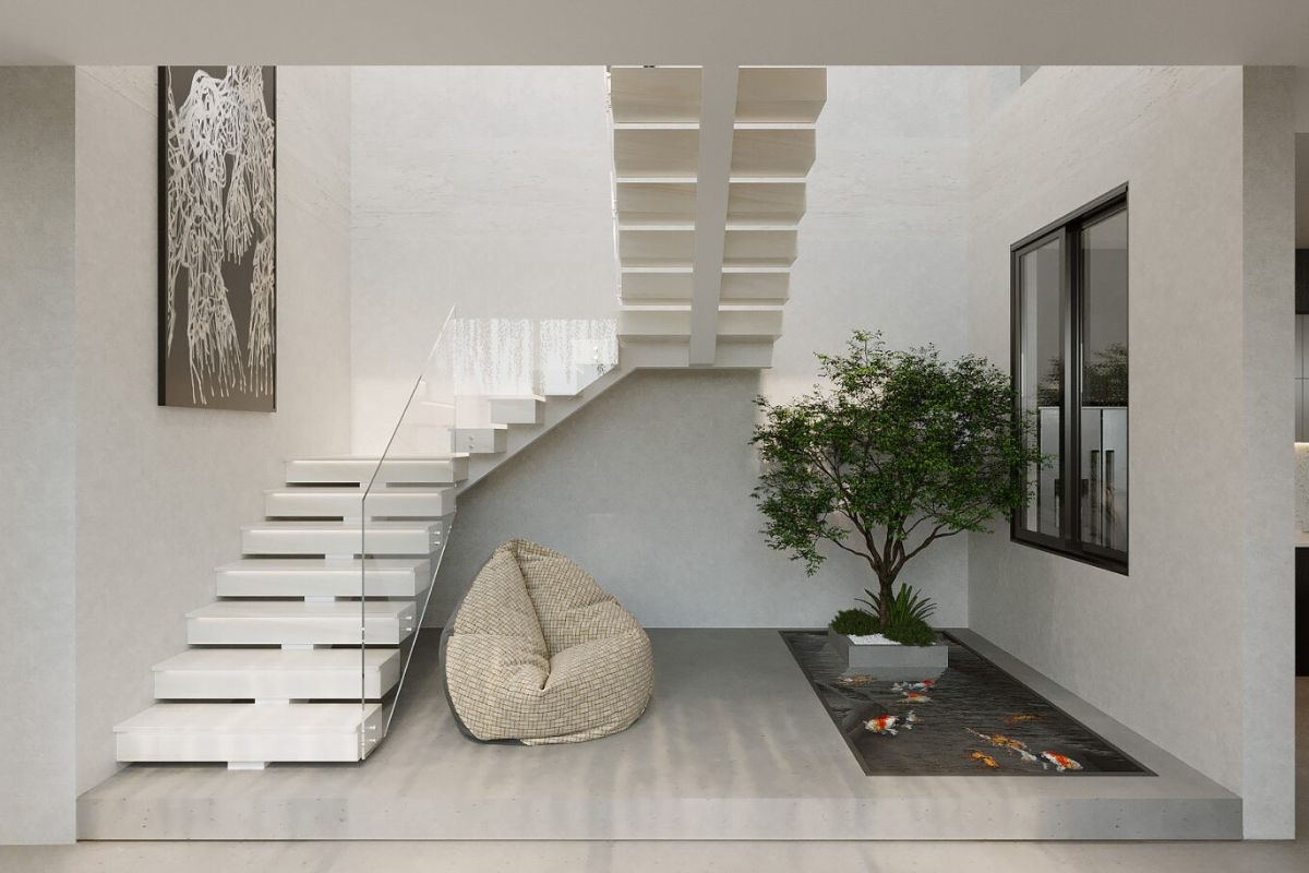 Cầu thang Japandi kết hợp tinh thần tối giản Nhật Bản với sự ấm áp của Scandinavian thông qua gỗ tự nhiên và bảng màu trung tính  (Ảnh: Sưu tầm)