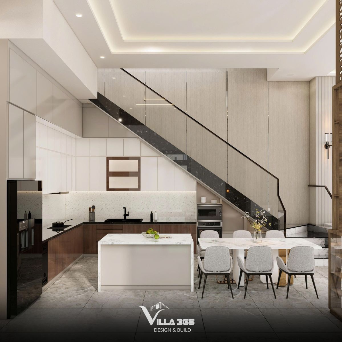 Thiết kế nội thất Đan Villa – Hài hòa và tiện nghi trong ngôi nhà ba thế hệ 3 Hệ thống tủ bếp chữ L được đặt gọn gàng ngay phía dưới kết cấu cầu thang, giúp tiết kiệm diện tích tối đa