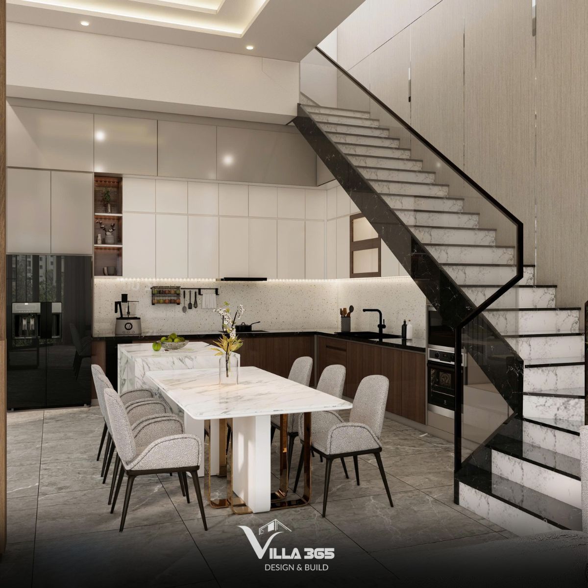 Thiết kế nội thất Đan Villa – Hài hòa và tiện nghi trong ngôi nhà ba thế hệ 4 Cầu thang sử dụng vách kính cường lực trong suốt kết hợp tay vịn đen thanh mảnh để không cản ánh sáng, tạo độ thông thoáng