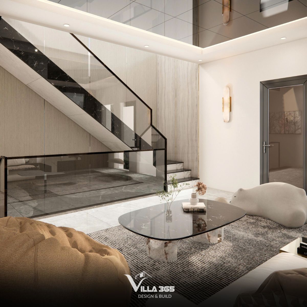 Thiết kế nội thất Đan Villa – Hài hòa và tiện nghi trong ngôi nhà ba thế hệ 9 Thảm lớn màu xám với vân lượn sóng giúp định vị không gian và khơi gợi sự ấm cúng
