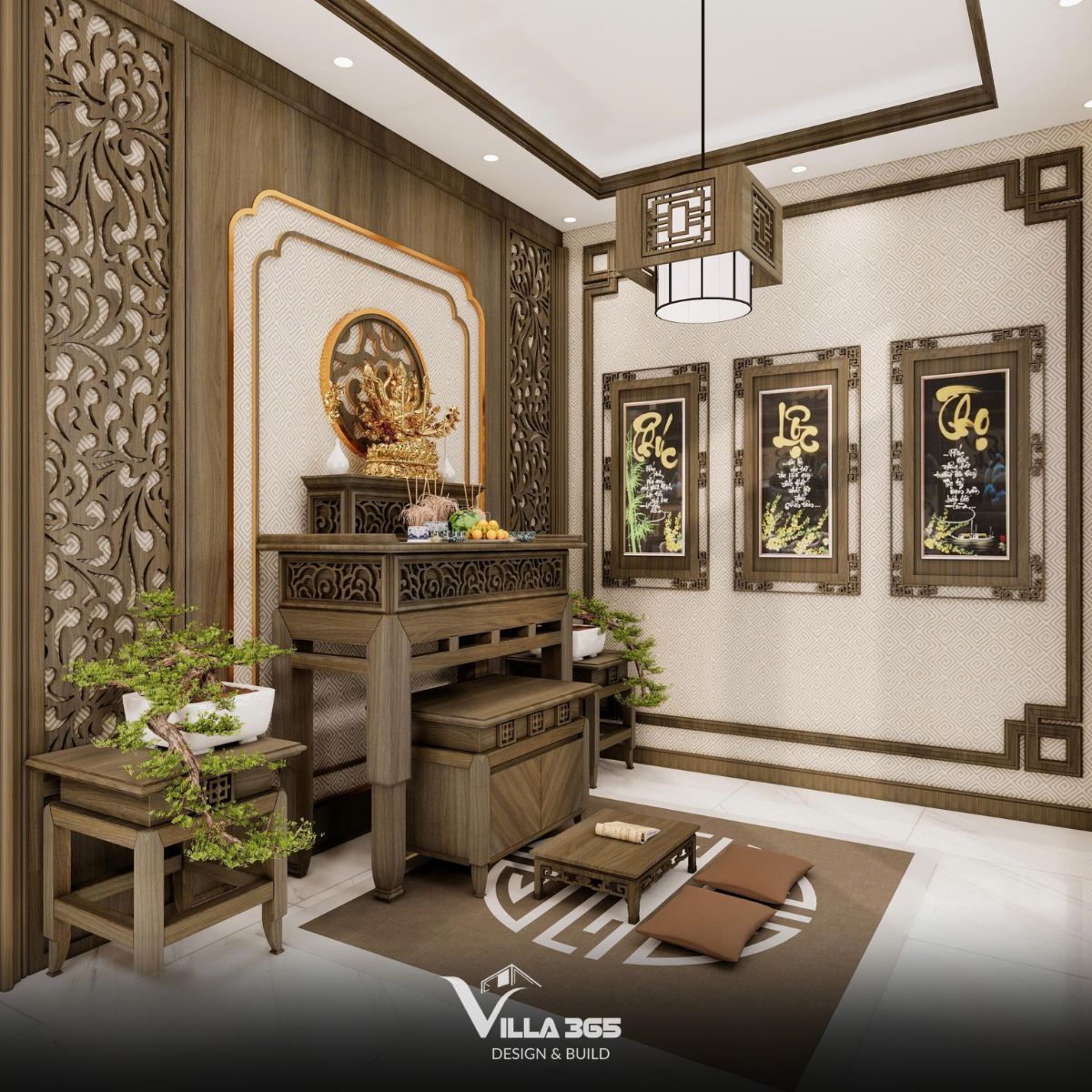 Thiết kế nội thất Đan Villa – Hài hòa và tiện nghi trong ngôi nhà ba thế hệ 10 Bàn thờ chính làm bằng gỗ tự nhiên sơn màu nâu óc chó trầm ấm, chạm khắc hoa văn truyền thống