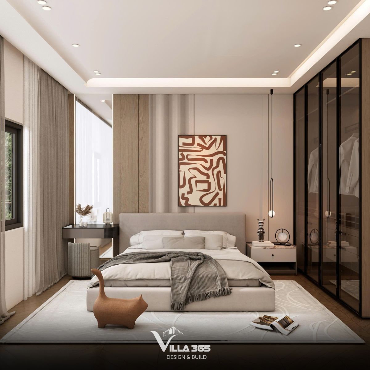 Thiết kế nội thất Đan Villa – Hài hòa và tiện nghi trong ngôi nhà ba thế hệ 14 Bức tranh canvas viền gỗ với các đường nét trừu tượng đóng vai trò điểm nhấn cho khu vực giường ngủ