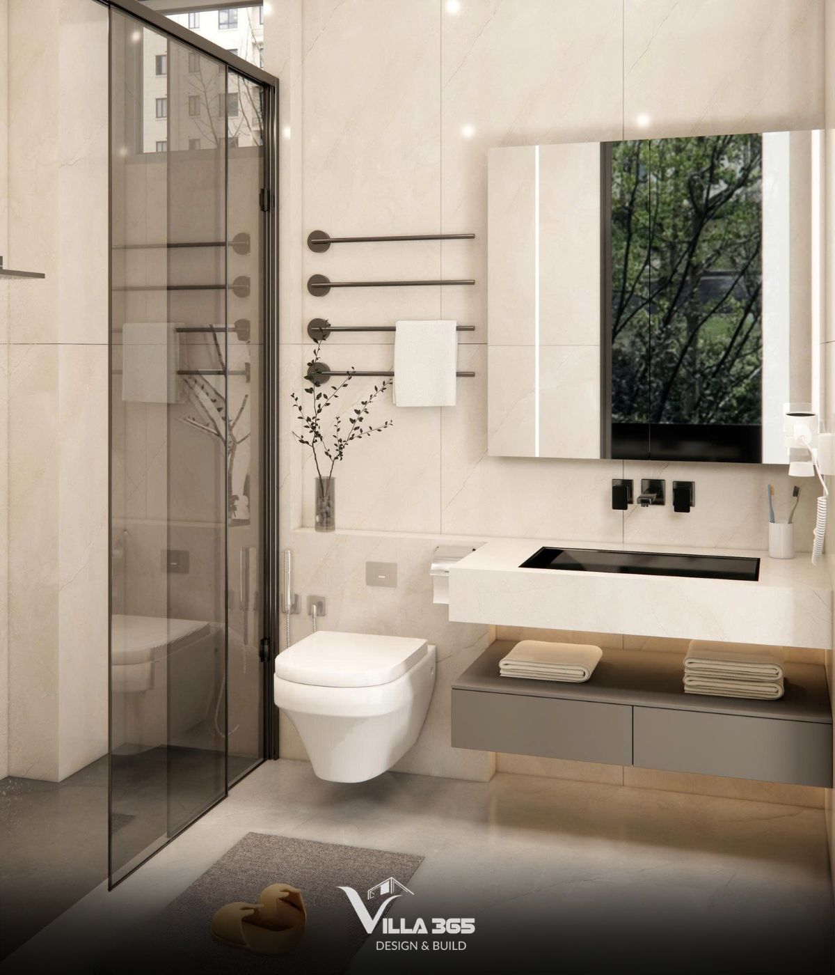 Thiết kế nội thất Đan Villa – Hài hòa và tiện nghi trong ngôi nhà ba thế hệ 15 Cửa sổ kính lớn mở ra khoảng xanh, tối ưu ánh sáng tự nhiên cho phòng tắm