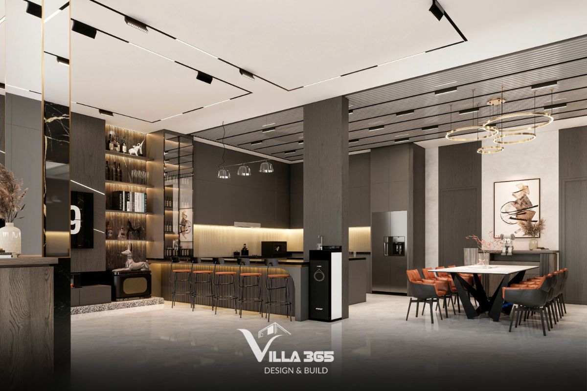 Từ bếp, quầy bar đến bàn ăn, các chức năng được nối liền để vừa phục vụ sinh hoạt, vừa tạo nên những khoảng tiếp khách tự nhiên và thoải mái 