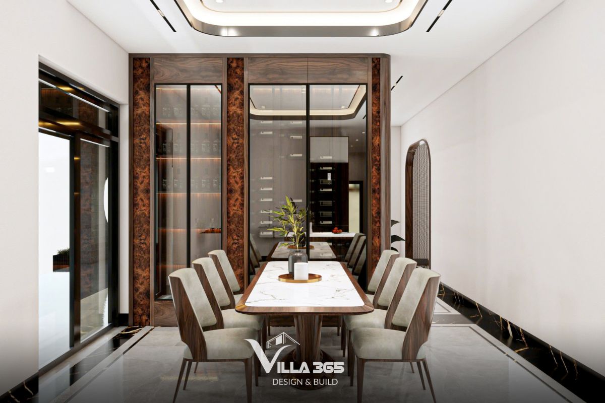 Hệ tủ kịch trần vừa là vách ngăn, kệ tivi, nơi lưu trữ, vừa trở thành điểm nhấn kết nối phòng khách với khu vực bếp ăn 