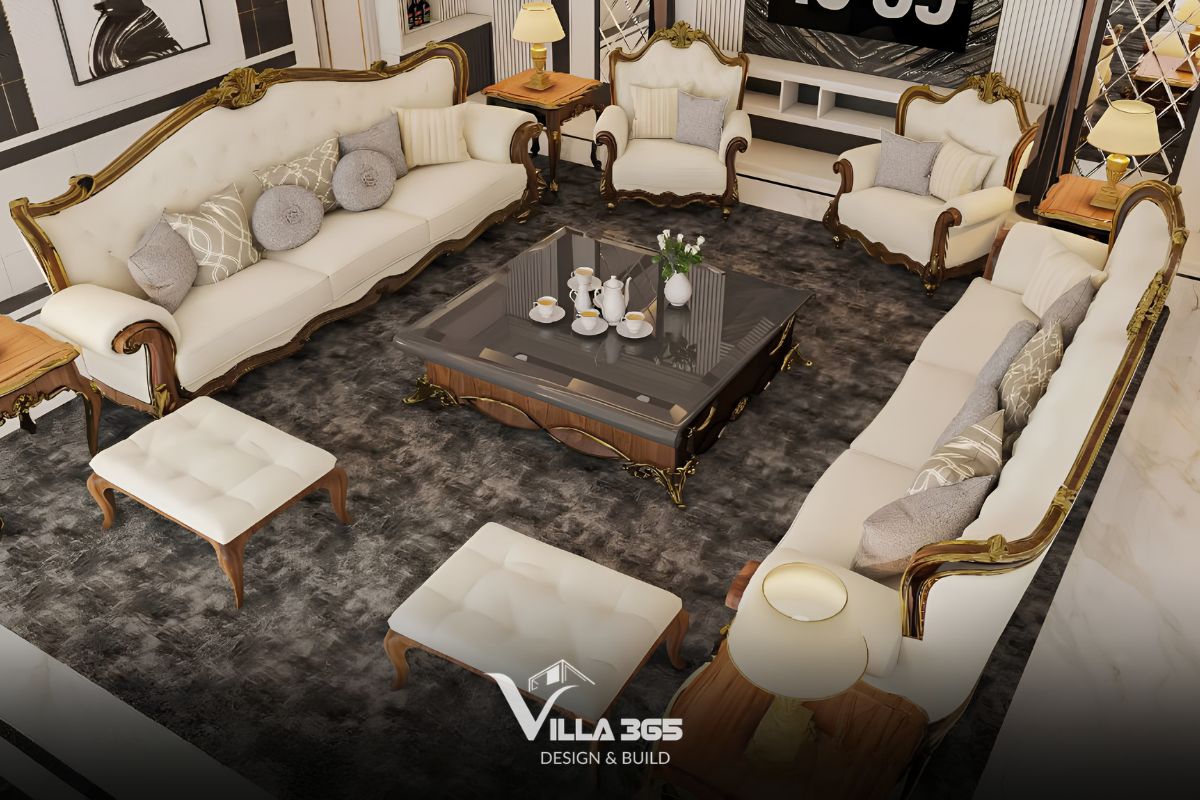 Phòng khách Luxe Villa được tổ chức theo trục đăng đối, nơi từng món nội thất cùng góp phần tạo nên một tổng thể hài hòa, bề thế 
