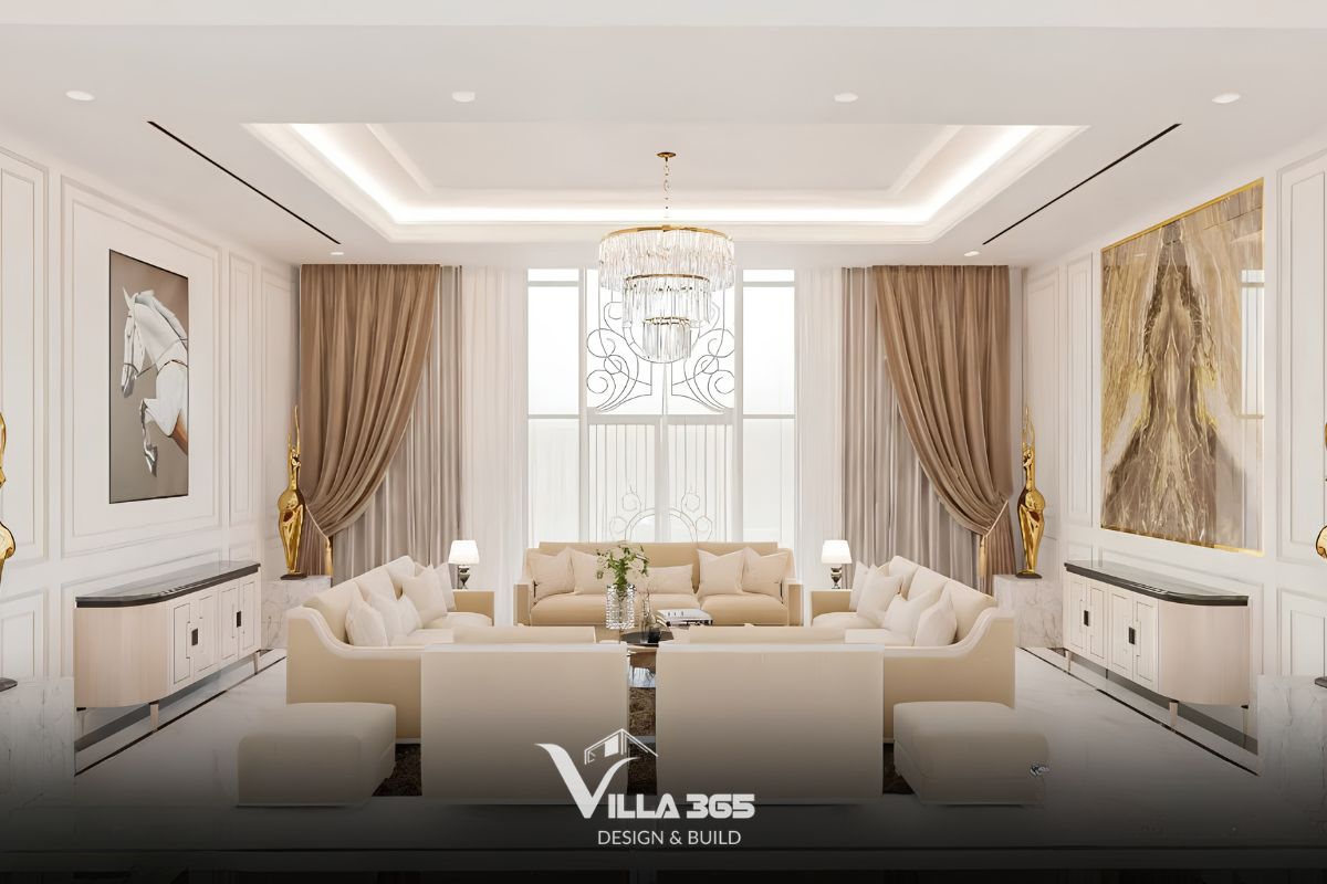 Hệ thống trần thạch cao thiết kế giật cấp kết hợp dải đèn LED âm trần tạo chiều sâu và cảm giác cao ráo cho không gian 