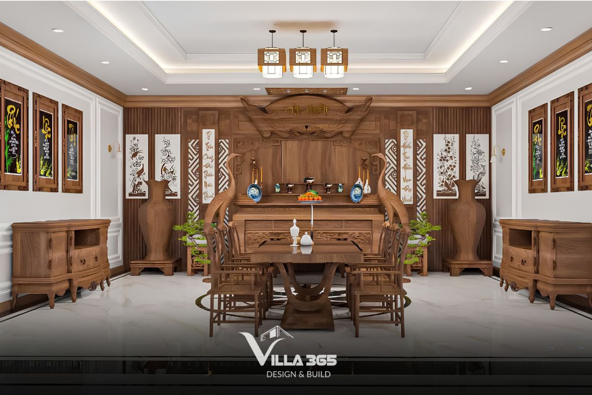 Trong phòng thờ, sắc gỗ trầm và bố cục đăng đối tạo nên bầu không khí trang nghiêm, phản ánh nếp sống trọng truyền thống và hướng về cội nguồn 