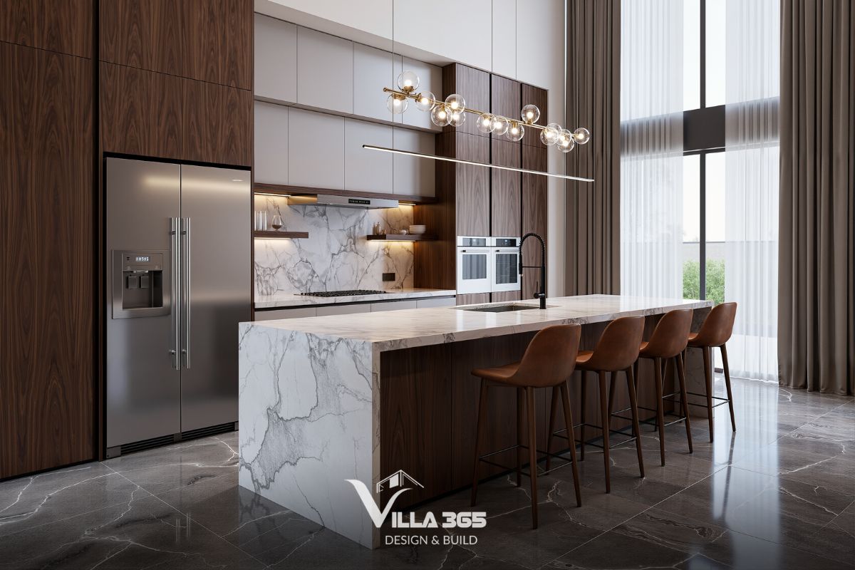 Tủ bếp acrylic, tủ bếp laminate và đá thạch anh tạo nên bảng vật liệu hiện đại, bền đẹp và dễ vệ sinh 