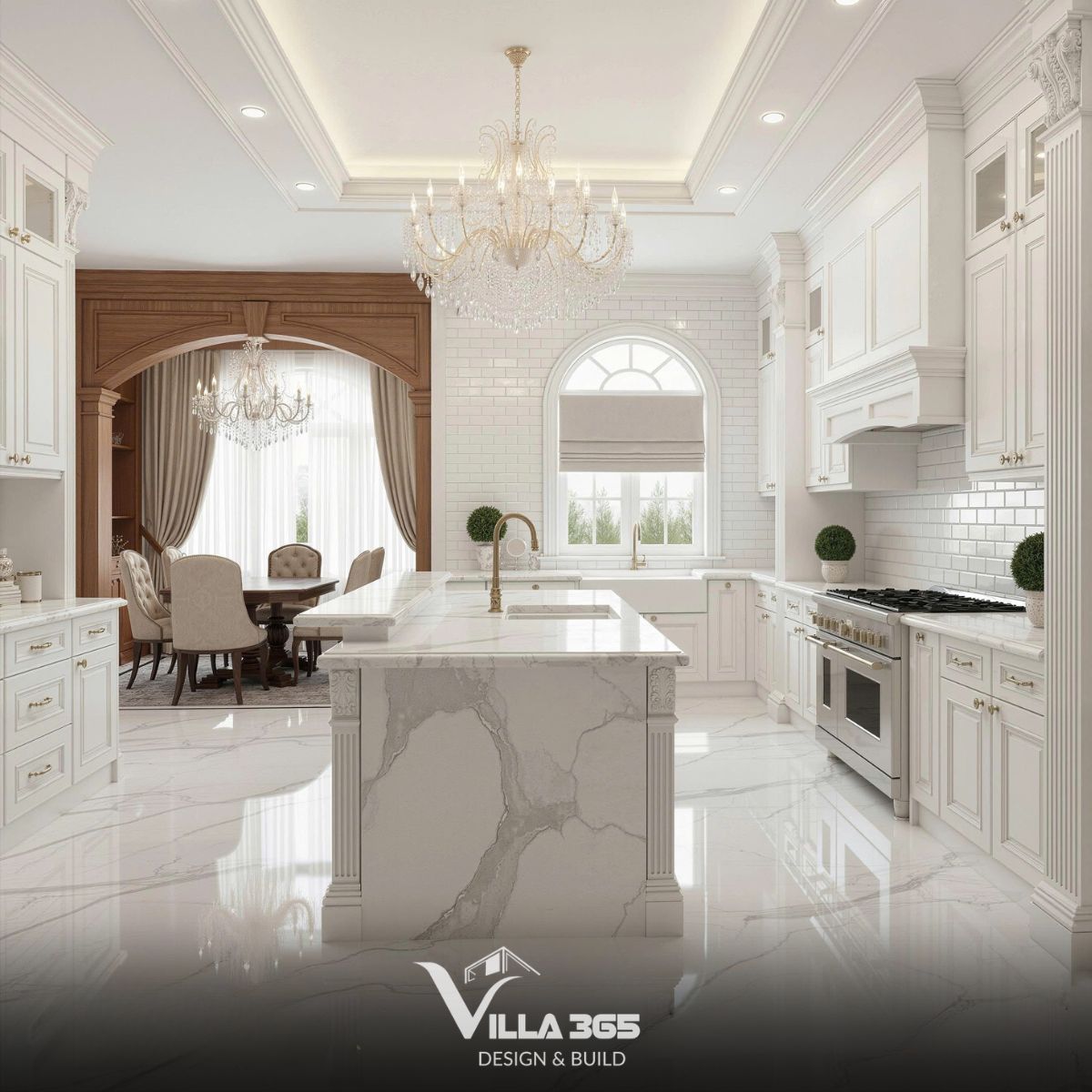 Phào chỉ thanh thoát, cánh tủ pano và bố cục cân xứng tạo nên dấu ấn đặc trưng cho phòng bếp biệt thự tân cổ điển 