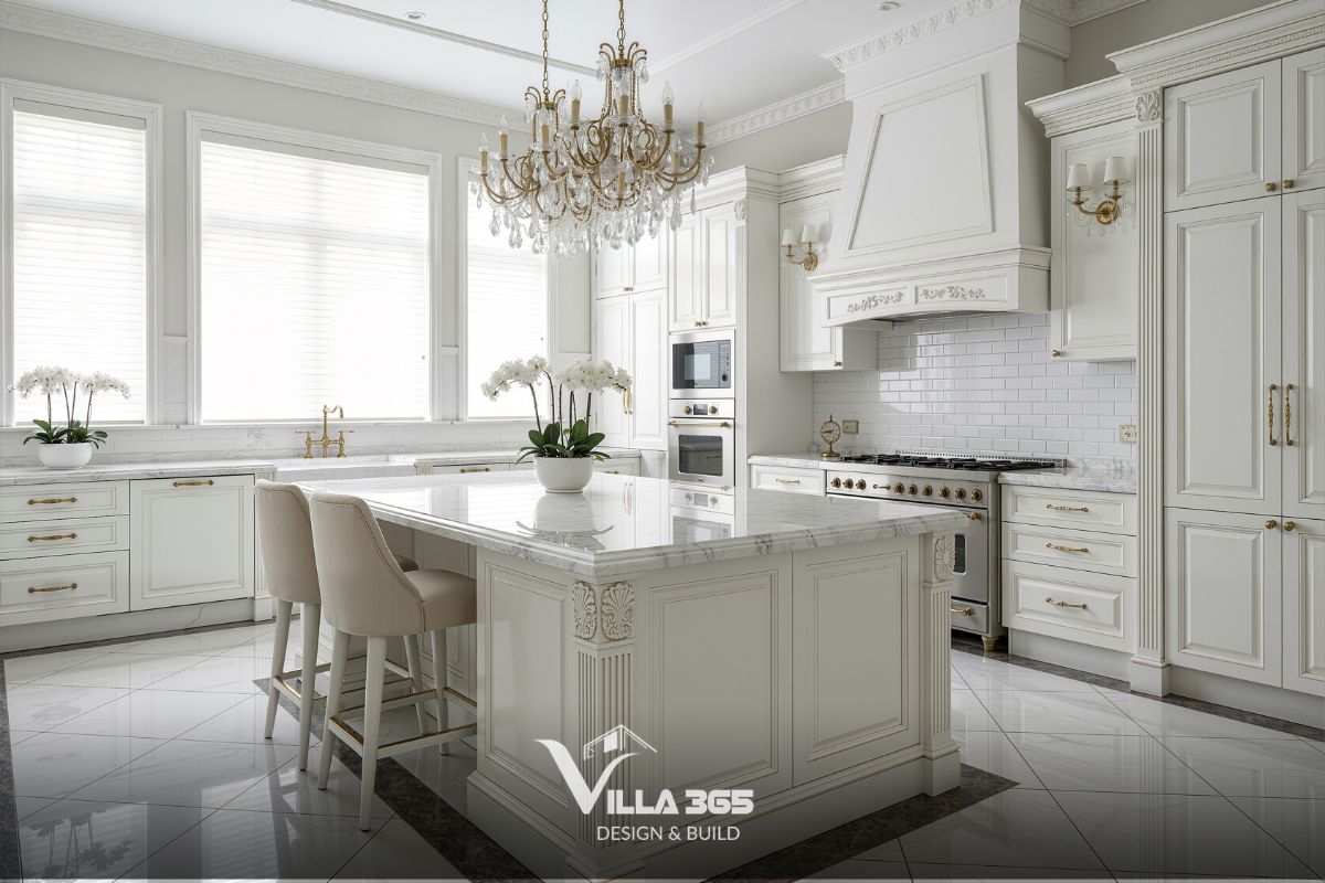 Bảng màu trắng kem, beige hay xanh rêu kết hợp đá marble mang đến vẻ đẹp quý phái nhưng không phô trương 