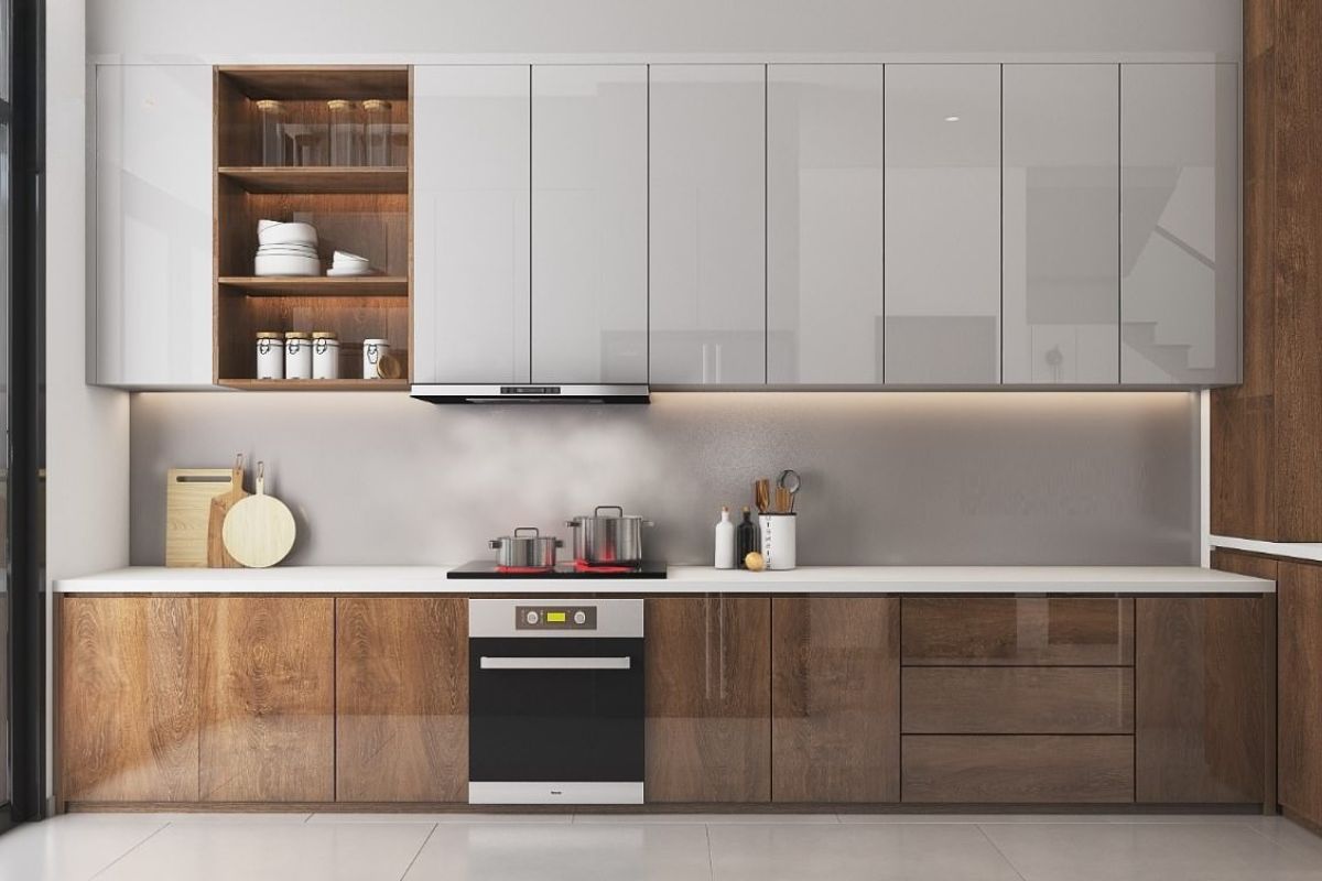 MDF chống ẩm kết hợp bề mặt acrylic bóng gương mang đến vẻ đẹp liền mạch cho tủ bếp biệt thự hiện đại (Ảnh: Sưu tầm)